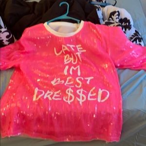 Cute pink sequin “late but best dressed” dress!!!
